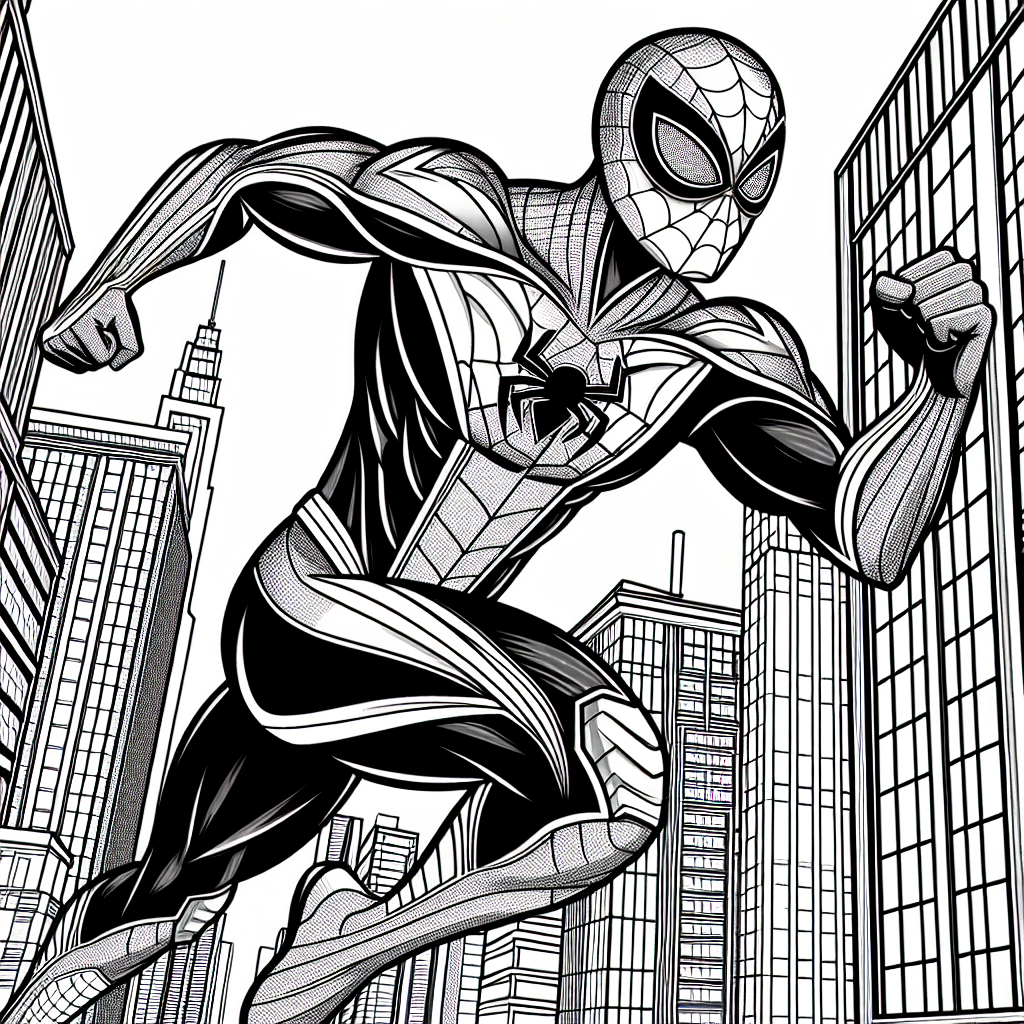 Create a basic black and white coloring book page for a 7-year-old child. The drawing should depict a superhero character with characteristics such as an agile figure, a distinctive full-coverage suit with lines and patterns, web designs on the suit, and wearing a mask with large eye openings. The pose should be dynamic, indicating the superhero's agility and preparedness. Abstract from any known copyrighted characters for this coloring page. Budging buildings and skyscrapers as the background could enhance the adventurous mood of the scene.