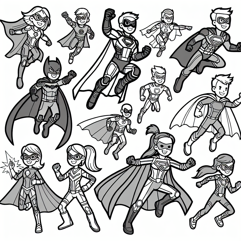 Create a black and white coloring page suitable for a 7-year-old, featuring generic superhero characters. These characters should have differing costumes and abilities, creating a diverse scene of action and excitement. The characters can be flying, running, or doing heroic poses. Remember to keep it simple and fun for children to color.