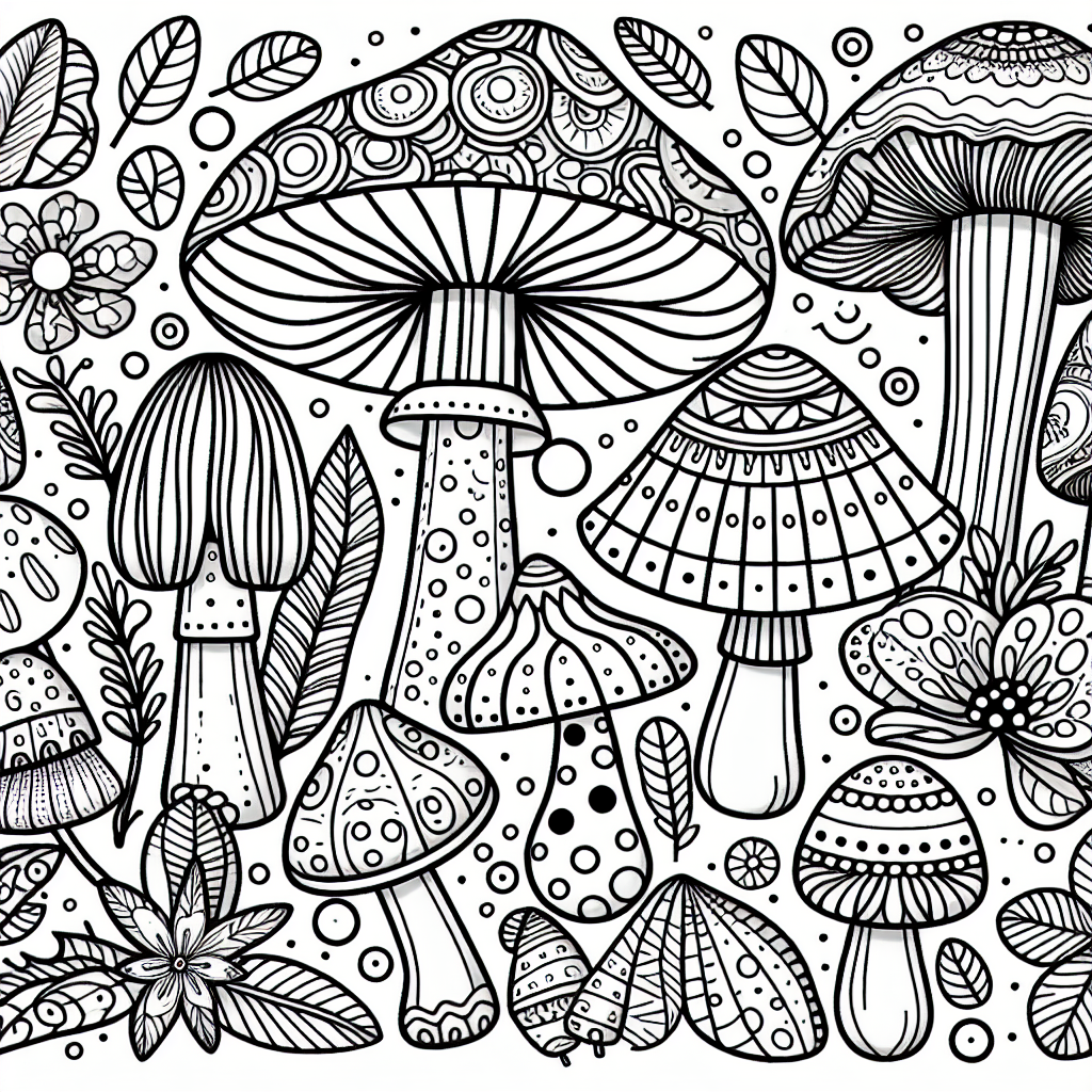 Design an appealing black and white coloring book page suited for a 7-year-old. The page should feature a variety of different types of mushrooms, each with its own unique shape and patterns. Make sure the details are appropriate for the targeted age group, they should be easy to fill in with colors. Avoid complex or intricate patterns that are too challenging for a 7-year-old to color.