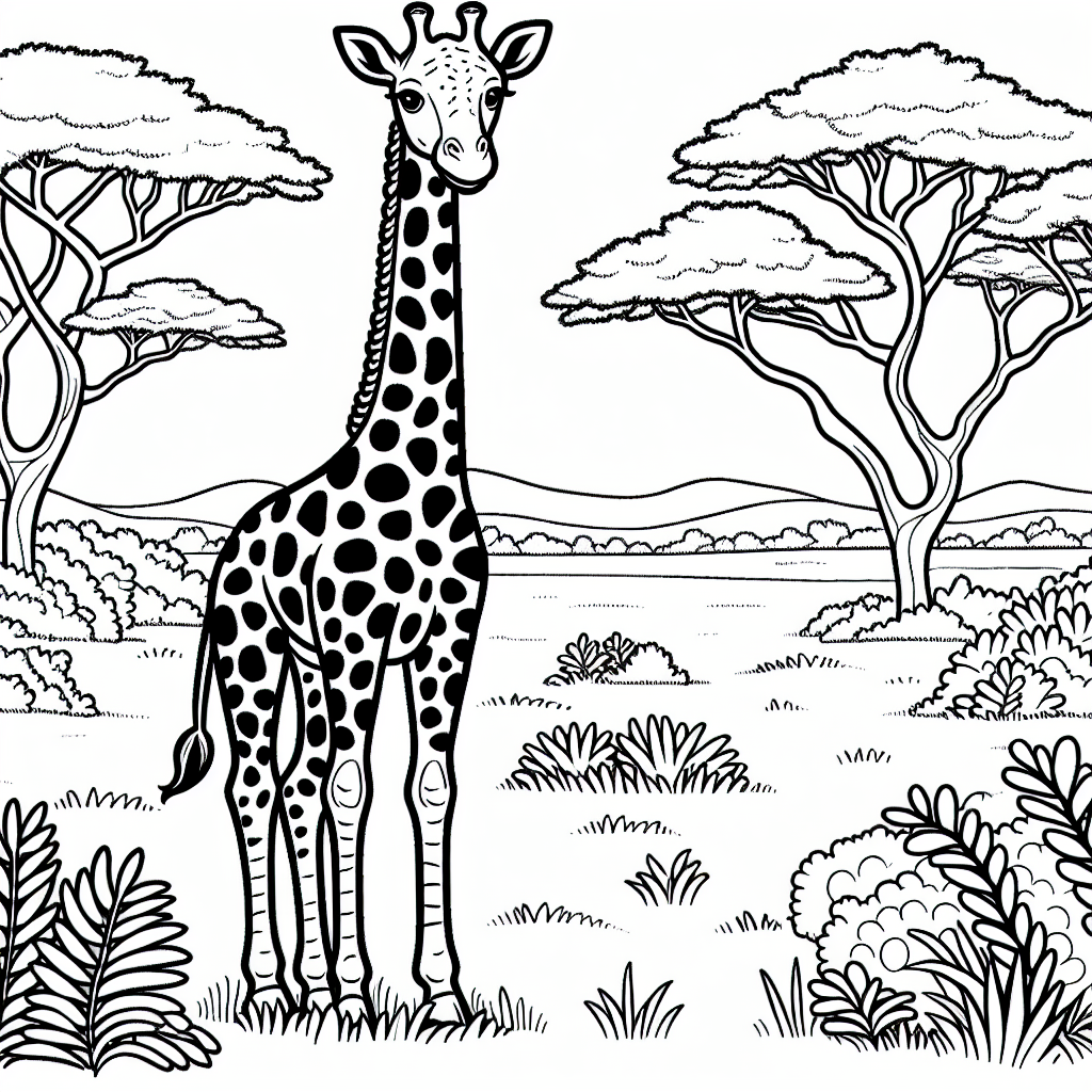 A basic black and white line-art style coloring page suitable for a 7-year-old child. The central theme is a giraffe in a playful and kid-friendly style. The giraffe should be standing tall amidst a lush savannah landscape, with acacia trees in the background. The image should have enough detail to engage a child in coloring, but not too complex so as to overwhelm them. The scene should encourage creativity, and the giraffe's spots offer lots of opportunities for color.