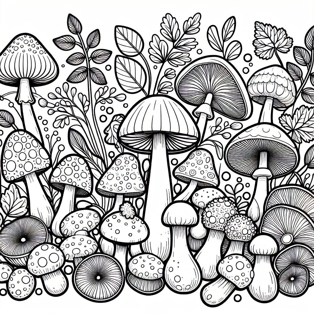 Design a simple black and white coloring book page suitable for a 7 year old. The theme of the page should be mushrooms. Include a variety of different mushroom types in diverse shapes and sizes, arranged in a captivating and age-appropriate manner. The page should be rich in detail to encourage creativity in coloring.