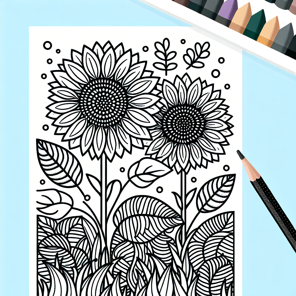 Generate a basic, black and white coloring book page designed for a 7-year-old child. The page should feature sunflowers in a simple and engaging design, easy to understand, fill in and color. The sunflowers should be prominent and clearly outlined, with thick lines for individual petals and the center of the flower. The background can include additional elements related to a sunflower field, such as leaves and stems, but these should not overpower the main floral theme. The overall design should encourage creativity and the exploration of different color palettes once colored in.