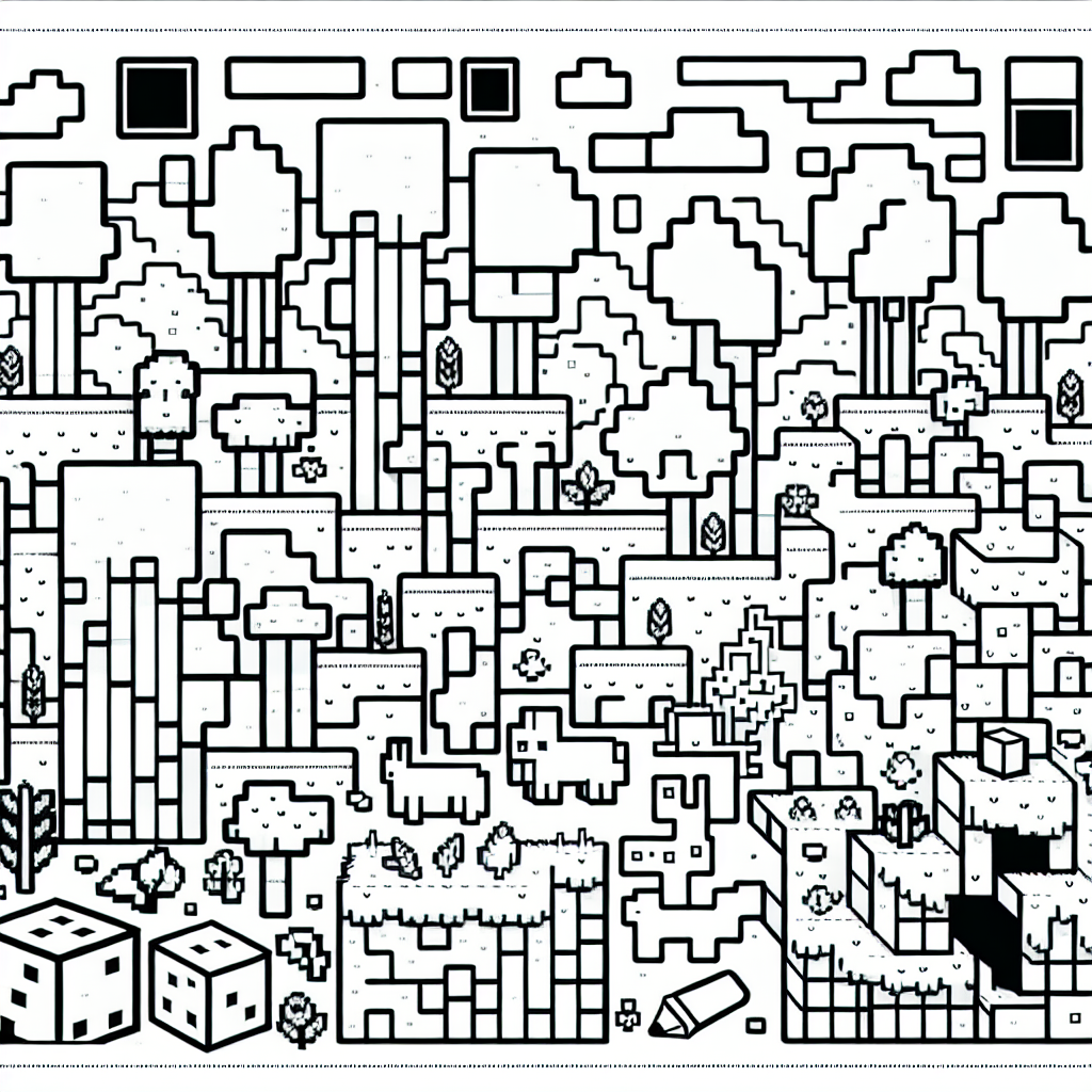 Create a basic black and white coloring book page suitable for a 7-year-old. The page should feature a block-like landscape with cube-shaped trees and blocky animals reminiscent of a popular pixelated video game. The design should be simple yet engaging, encouraging creativity in filling with color. As such, the page needs multiple shapes and elements allowing a wide range of coloring options, with the essence of playful exploration and the functionality of a sandbox environment-focused game.