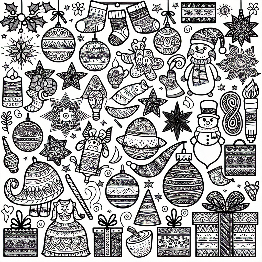 Design a black and white coloring book page suitable for a 7-year old. The page theme should reflect various holidays. It could have illustrations of decorations, symbols related to different celebrations, and festive characters all in line art. Include a diverse range of holidays from around the world to engage the child's creativity and enhance their cultural awareness.