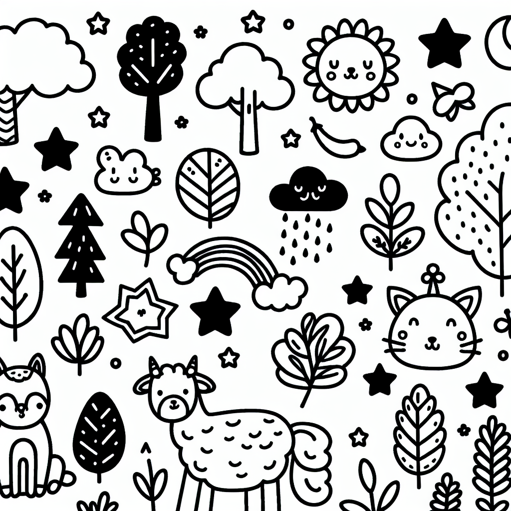Design a simple black and white coloring page ideally suited for a 7-year-old. The page should contain various elements that are enjoyable for young children such as animals, stars, trees, and other natural elements making it perfect for online coloring.