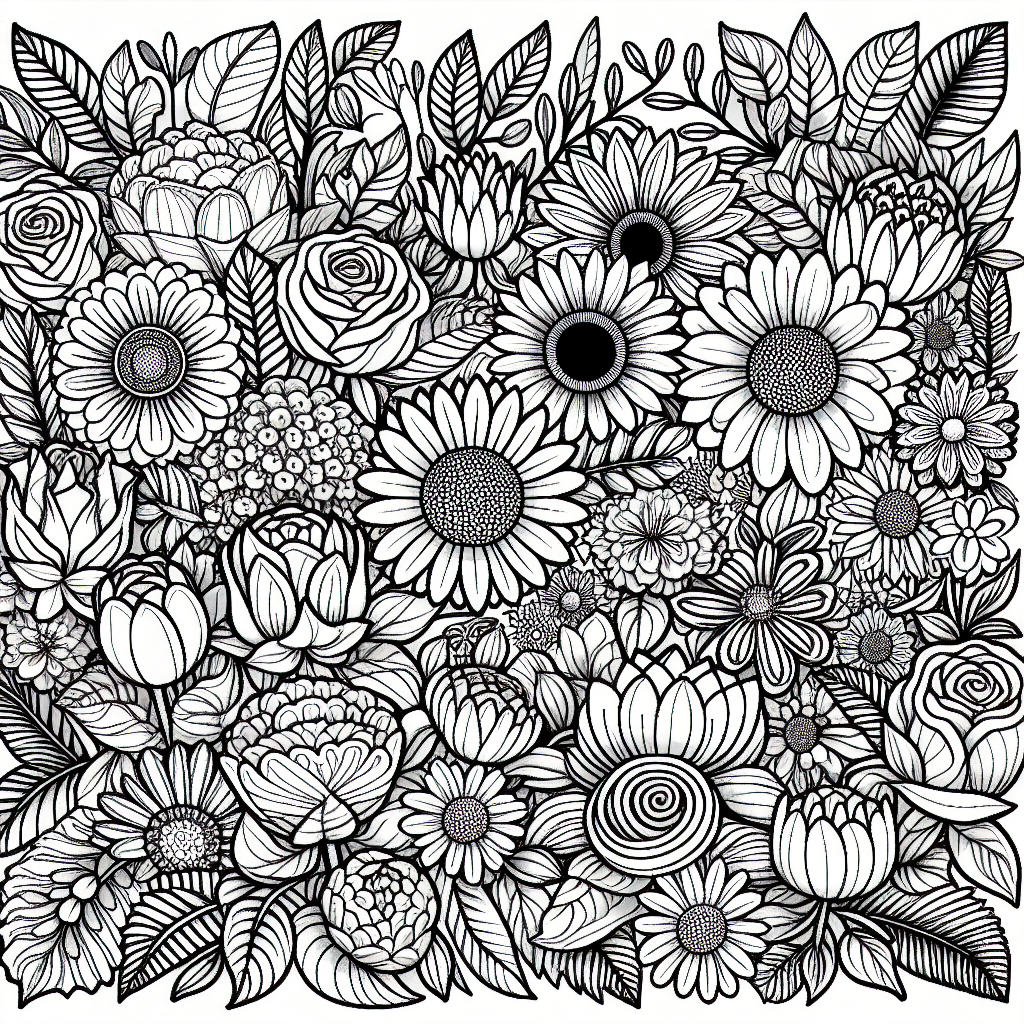 Create a black and white coloring book page suitable for a child aged 7 years. The illustration should feature a detailed and intricate garden scene filled with various types of flowers such as roses, tulips, sunflowers, and daisies. Despite being aimed at children, the design should be complex enough to engage an adult as well, lending itself well to the expression of creativity through coloring. Each flower should be distinctly outlined for easy coloring, with an emphasis on clear, bold lines.