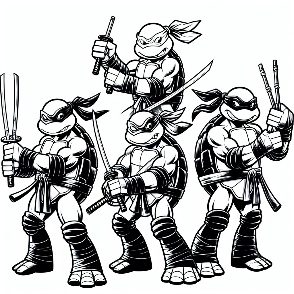 Create a black and white coloring page suitable for a 7-year-old child featuring four anthropomorphic turtles. These turtles should be characterized as martial arts experts, each holding a unique weapon: a pair of sais, a bo staff, nunchaku, and a pair of katanas. They should be depicted in dynamic, action-oriented poses, hinting at their ninjitsu training. They should also wear colored bandanas over their eyes, but as it is a black and white image, mention these bandanas as shaded areas.