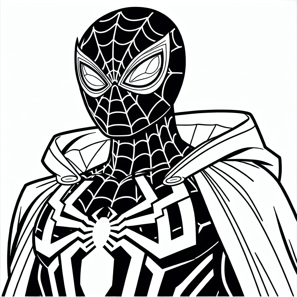 Generate a simple black and white coloring page suitable for a 7-year-old. The page should feature a superhero with a costume design similar to a spider. The superhero costume should include distinctive features such as a web pattern and eye coverings, mimicking the natural design of a spider. However, the superhero is not a specific existing character, but rather a unique creation. They should be in a dynamic pose, encouraging creativity while coloring.