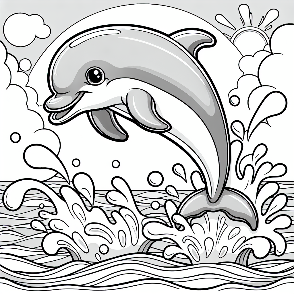 Please generate a black and white coloring book page suitable for a 7-year-old. The focal point should be an appealing, friendly dolphin gracefully leaping out of the ocean's waves with bubbles and splashes around.