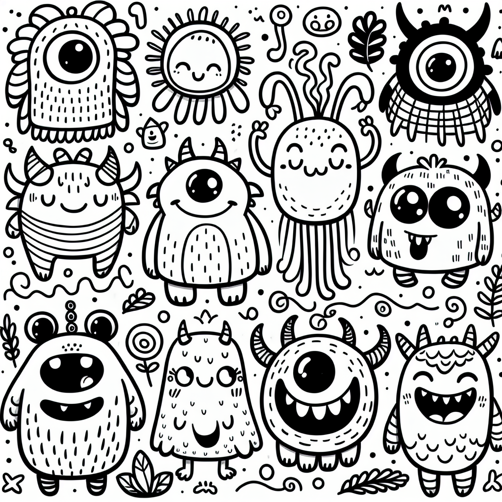Design a monochrome coloring page aimed at 7 year olds, featuring cute and friendly monsters. The illustration should be simple but engaging, with thick lines and clearly defined areas to color in. The monsters should be imaginative and varied in shapes and sizes, exhibiting a range of expressions and poses. Despite being monsters, they should all look playful, approachable, and fun, suitable for a children's coloring book.