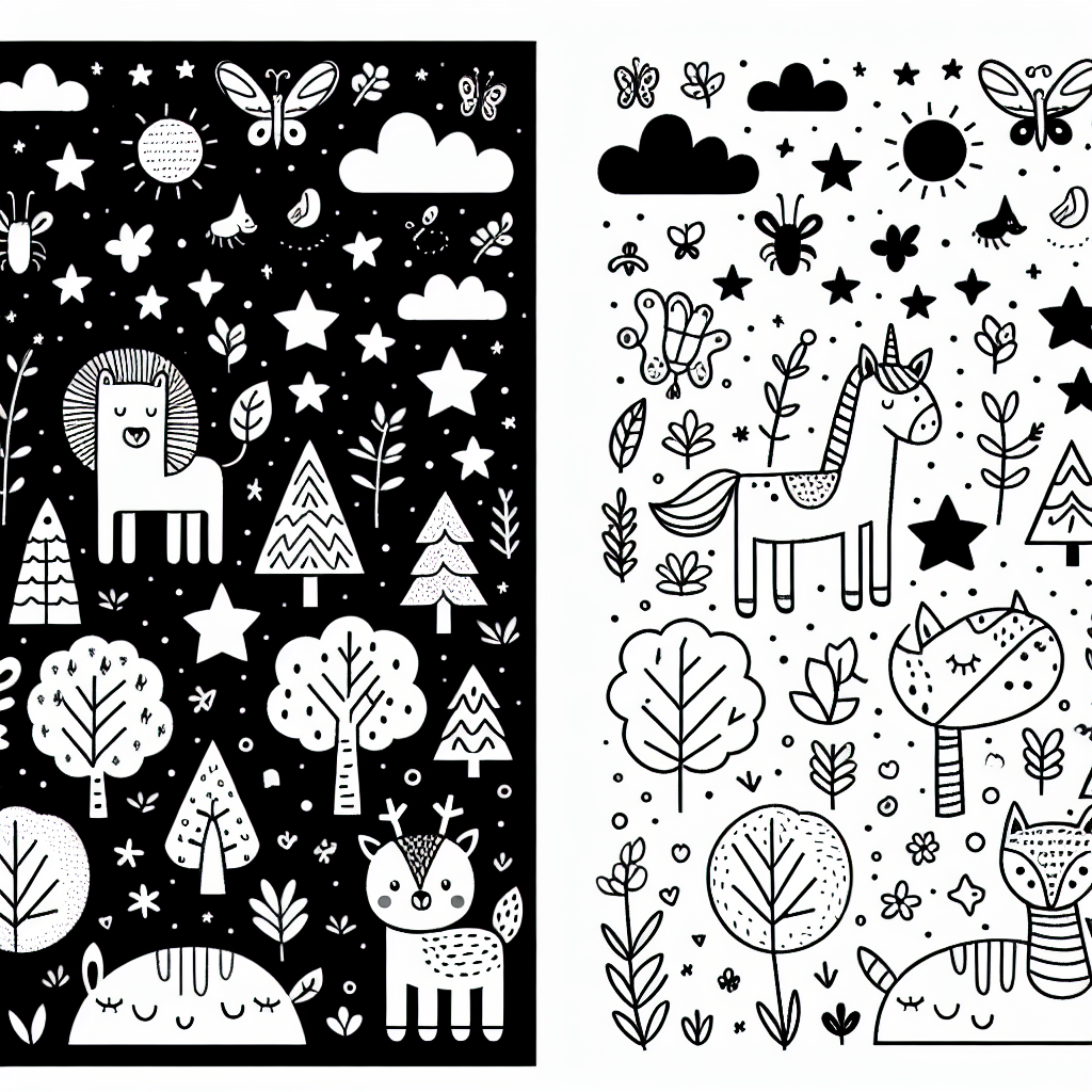 Create a black and white coloring book page suitable for a 7-year-old child. The page should be designed to be printed and filled in, featuring illustrations that are child-friendly and engaging, such as animals, trees, stars, or simple geometric patterns, thus facilitating the child's creativity and motor skills development.