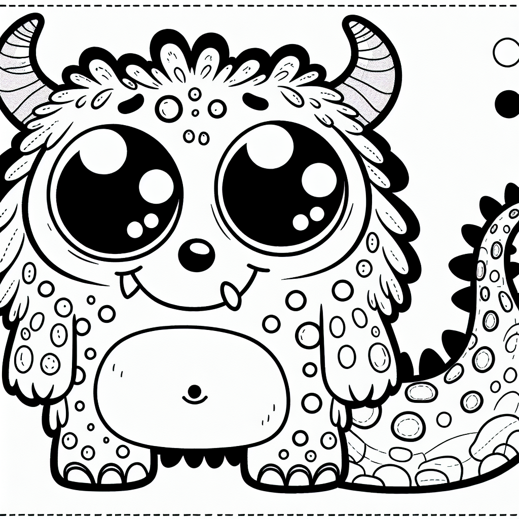 Create a black and white coloring page suitable for a 7-year-old featuring a playful, friendly monster. The monster should have large eyes, a cheerful smile, and lots of details like patchy fur, scales, small horns, and spiky tail to make coloring engaging for children.