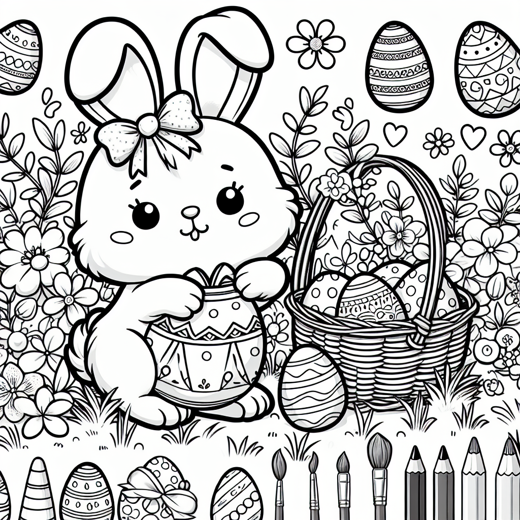 Design a coloring book page suitable for a 7-year-old child. The page should be in black and white, presenting an Easter-themed scene. In the center of the page, a primarily drawn cute bunny is depicted, engaging in a typical Easter activity such as painting decorative eggs or hiding eggs in the grass. There should be additional elements such as Easter baskets, beautifully designed eggs, and spring flowers to further enforce the Easter theme and provide more options for coloring.
