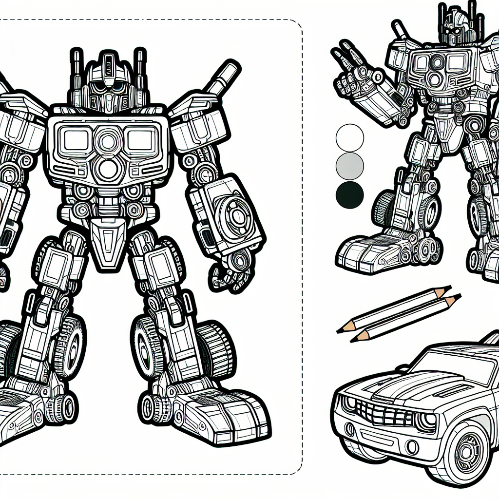 Create a simple, child-friendly, black and white coloring page suitable for a 7-year-old. The page should feature robotic characters that can transform into vehicles and mechanized objects. These robots should not represent any specific copyrighted characters, but be original creations with a variety of shapes and sizes, with intricate details to color in.