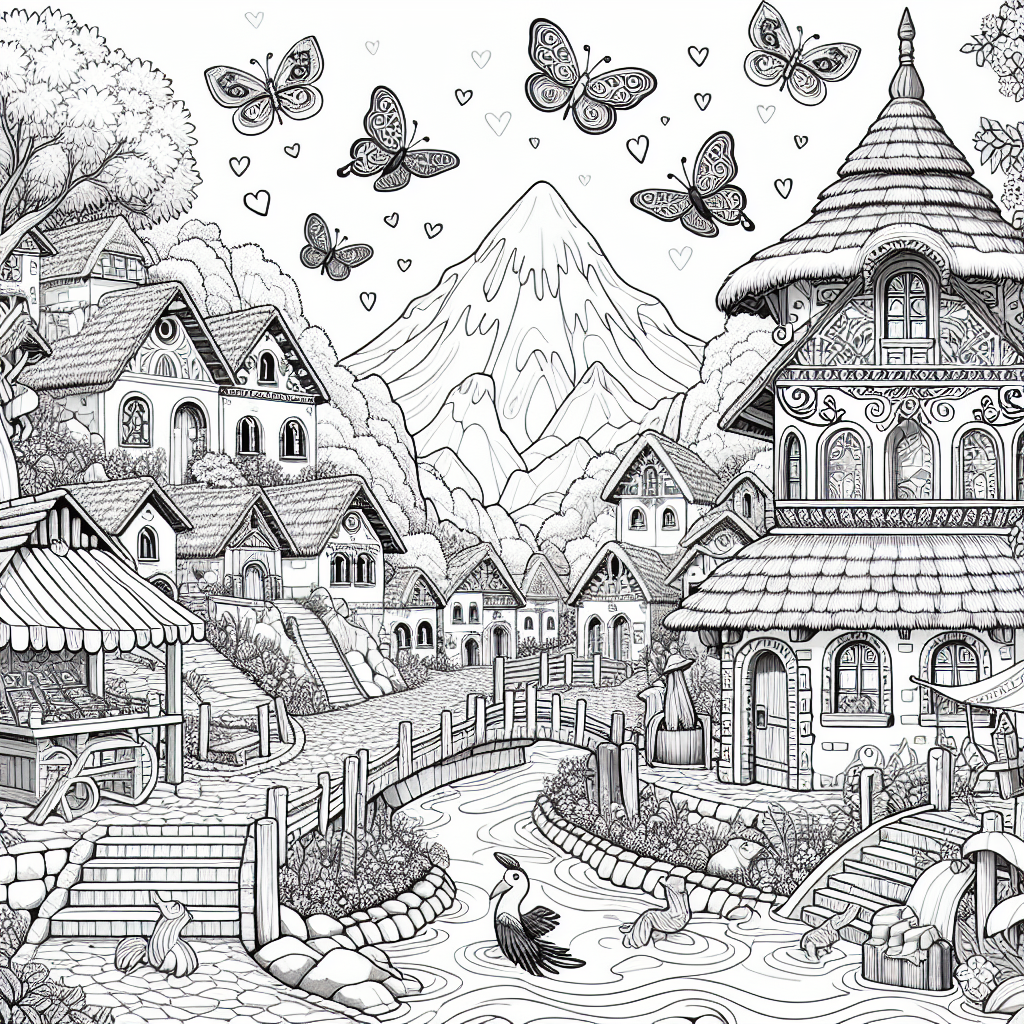 Create a black and white coloring page suitable for a 7-year old child. The coloring page features a magical and whimsical village inspired by South American landscapes, architectural styles, and fauna. This South American village should be filled with vibrant marketplaces, flowing water bodies, various bird types, fluttering butterflies and unique, charming houses. Remember, the image must not contain any copyrighted characters, instead the focus should be on capturing the enchanting ambience, lush greenery, and colorful flora of a magical rural village in the image.