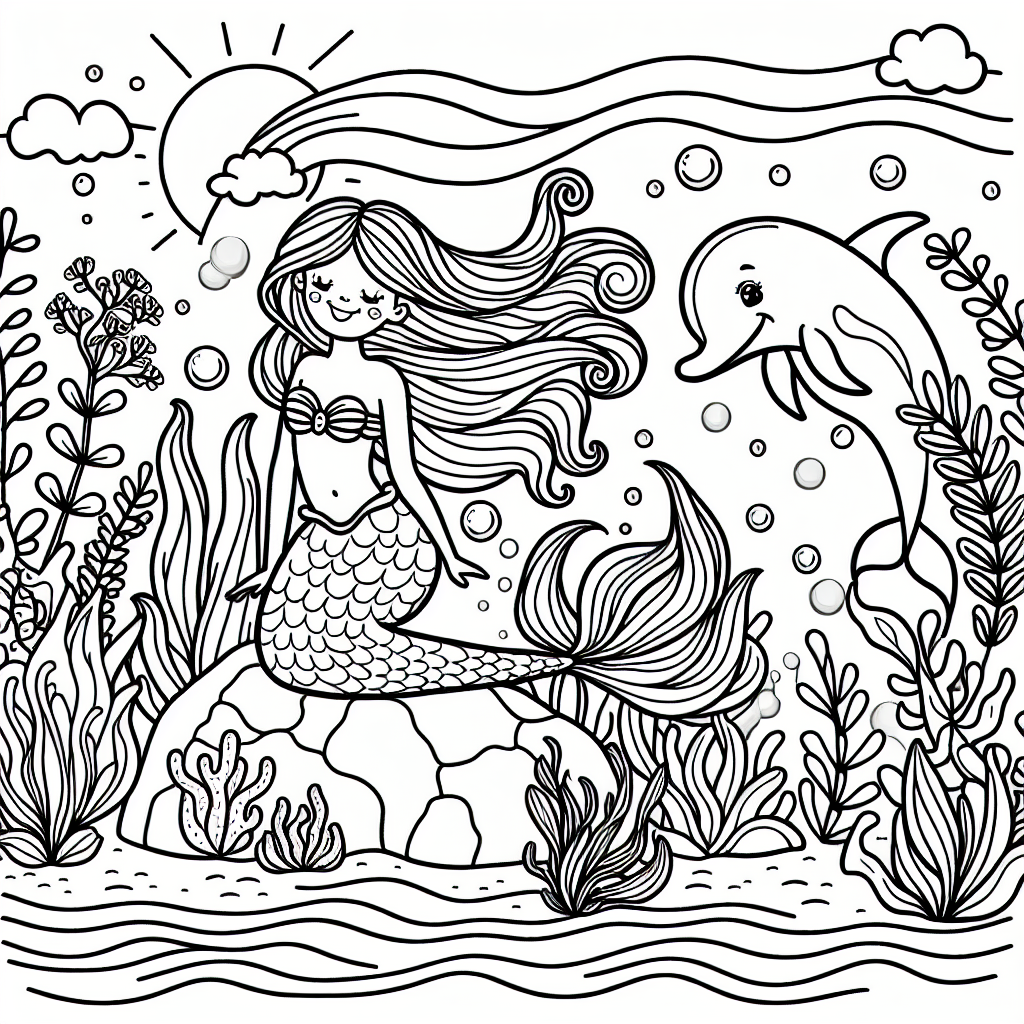 Create a black and white coloring page for a 7-year-old displaying an imaginative scene under the sea. Include a playful mermaid with long waving hair, a dolphin friend, and various sea plants around. The mermaid would be sitting on a rock in the middle of the page, with the dolphin jumping over her in a playful manner. The sea plants would sway rhythmically in the undercurrent, filling the remaining area of the page. The design should be simple, encouraging creative coloring from the child.