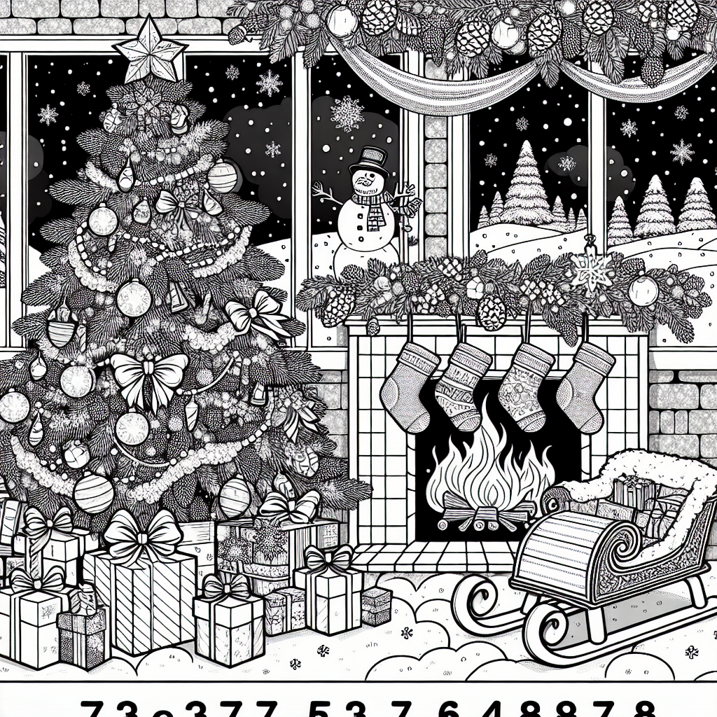 A basic black and white coloring book page designed for a 7-year-old featuring a festive Christmas scene. The scene includes a beautifully adorned Christmas tree with wrapped presents underneath and a decorated fireplace with stockings hanging. A sled and a snowman in the fluffy snow outside are visible through a nearby window. Enhance the educational aspect by adding numbers and letters randomly in the design for the child to learn while they color.