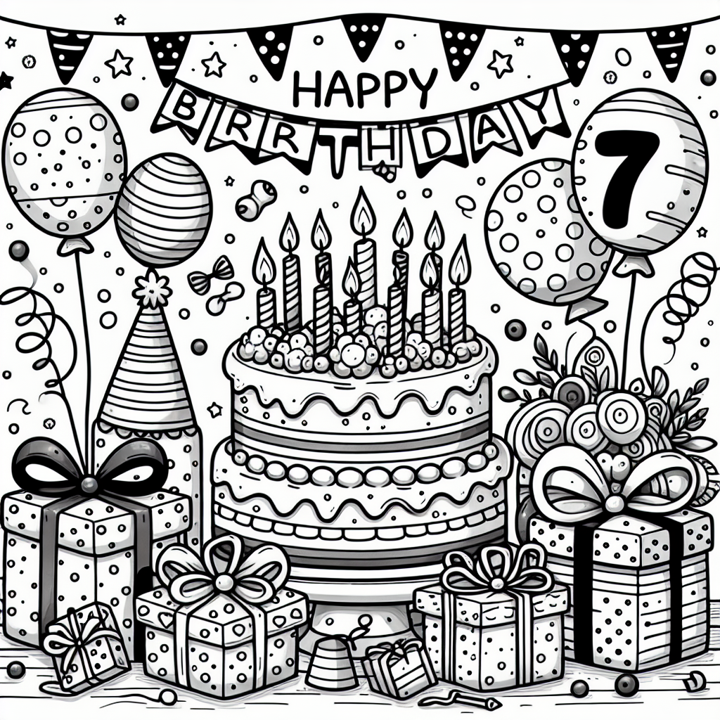 A monochrome illustration suitable for a coloring book meant for a 7-year-old child, depicting a joyful birthday celebration. The scenario should contain common birthday elements such as a cake with candles, party hats, balloons, and presents wrapped in decorative paper. Remember, the image should be in black and white, to allow the child to fill in the colors according to their imagination.