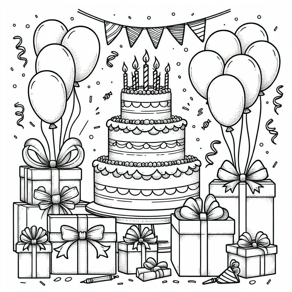 A black and white coloring book design for a child of 7 years old that is themed around a birthday celebration. The design should highlight elements typical of this theme such as a large tiered birthday cake with candles, balloons tied with ribbons, wrapped presents with bows, and confetti scattered around. This page should resemble a basic sketch with clear outlines and simple shapes for an easy and fun coloring experience for a young child.