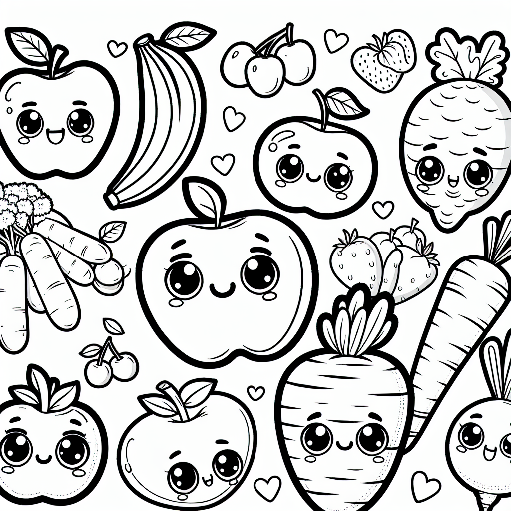 Create a black and white coloring page designed for a 7-year-old. The page should contain animation-styled fresh fruits and vegetables, like apples, bananas, cherries, tomatoes, and carrots, which should be given cartoon faces to make them more fun-looking and attractive. Each fruit and vegetable character should look happy and joyful. The characters should be intricately outlined to allow for detailed coloring.