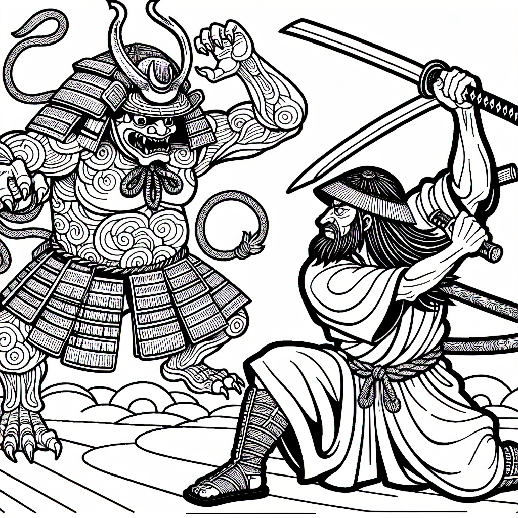 Create a basic black and white coloring page appropriate for a 7-year-old child. The theme of the page should be a brave samurai in an ancient Japanese setting, facing down a fictional, non-scary creature. The samurai should be dynamically posed with his sword ready, and the creature should look more mischievous than menacing. This page is not referencing any specific copyrighted characters or settings, but it should be a fun and exciting scene for a child to color.