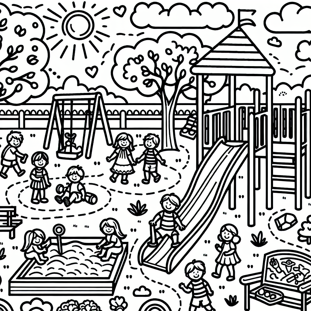 Generate a simple and child-friendly black and white coloring page suitable for a 7-year-old. It should feature a joyful playground scene with kids playing. Include a slide, a swing, a sandbox, and children of various ages having fun. Also, introduce elements like a tree, a bench, and a sun in the sky. Make sure the lines are thick and the details are minimal for easy coloring.