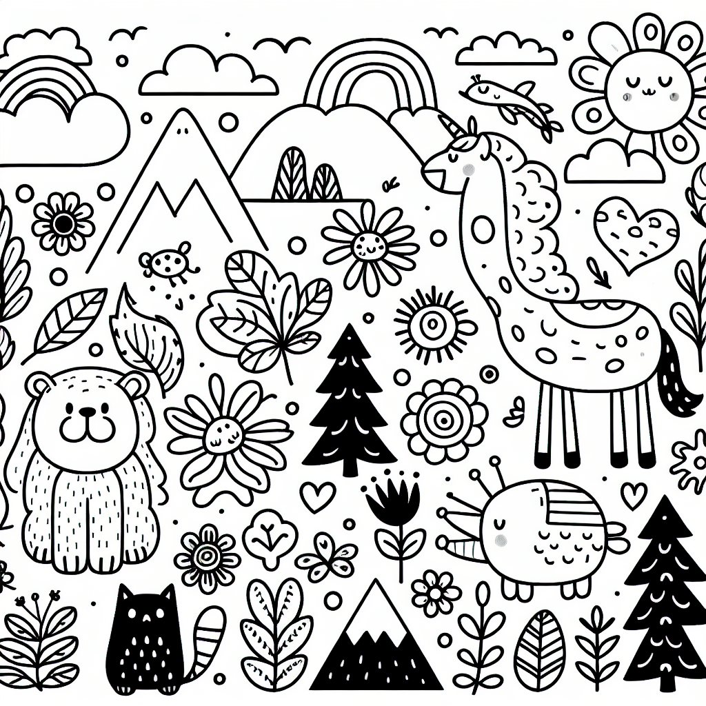 Generate a black and white coloring page suitable for a 7-year-old child. The page should include simple and distinct elements to color in like animals, flowers, shapes, fun characters or natural objects like trees and mountains. This basic coloring page should encourage the child's creativity and motor skills.
