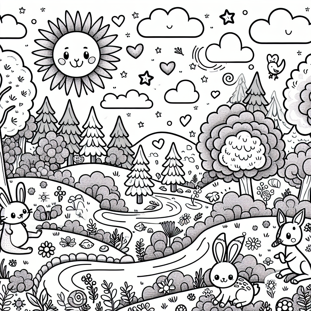 Create a monochrome black and white 7-year-old friendly coloring page suitable for fun coloring pages. The scene should feature a playful landscape with a wide expanse of nature including an assortment of trees, small hills, a winding stream, and a smiling sun in the top corner. Animals like a rabbit, deer, and squirrel should be present, playfully interacting with the surroundings. Some elements such as stars, hearts, and uplifting good vibes messages should be subtly integrated into the scenes.