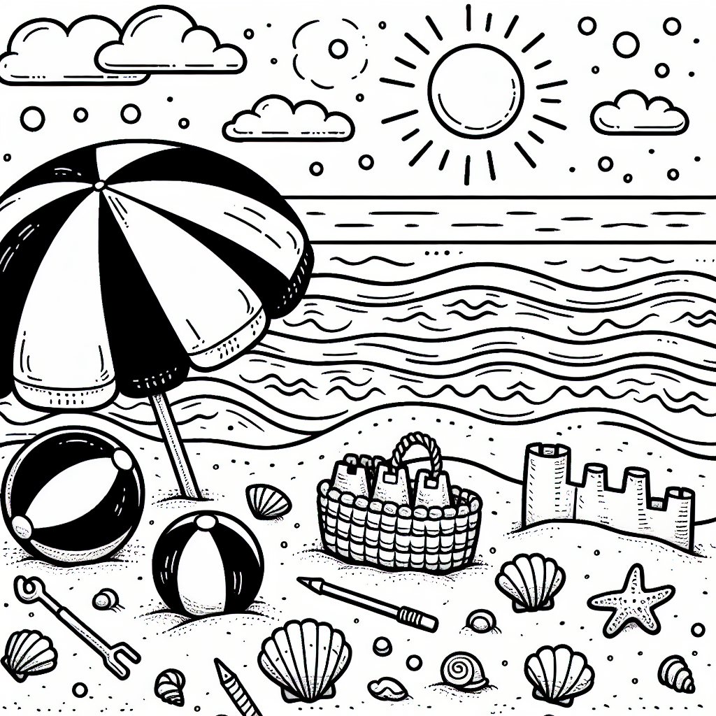 A black and white coloring book page designed for a 7 year old child. It should prominently feature a beach scene. Include details such as sand, the ocean with subtle waves, and a beautiful sunny sky with sparse clouds. Also, incorporate elements typically found at a beach such as a beach umbrella, beach balls, a sand castle, and some seashells scattered on the sand.