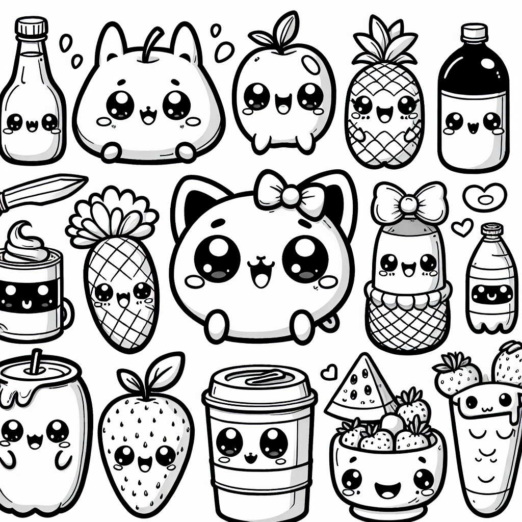 Create a basic black and white coloring page designed for a 7-year-old. The image should depict cute anthropomorphic objects commonly encountered in everyday life, similar in style to popular children's collectables. The objects could include consumable products like small fruits or confectioneries, and inanimate objects such as shoes and accessories, all with friendly faces and stylized detailing. Please avoid any specific character resemblances.