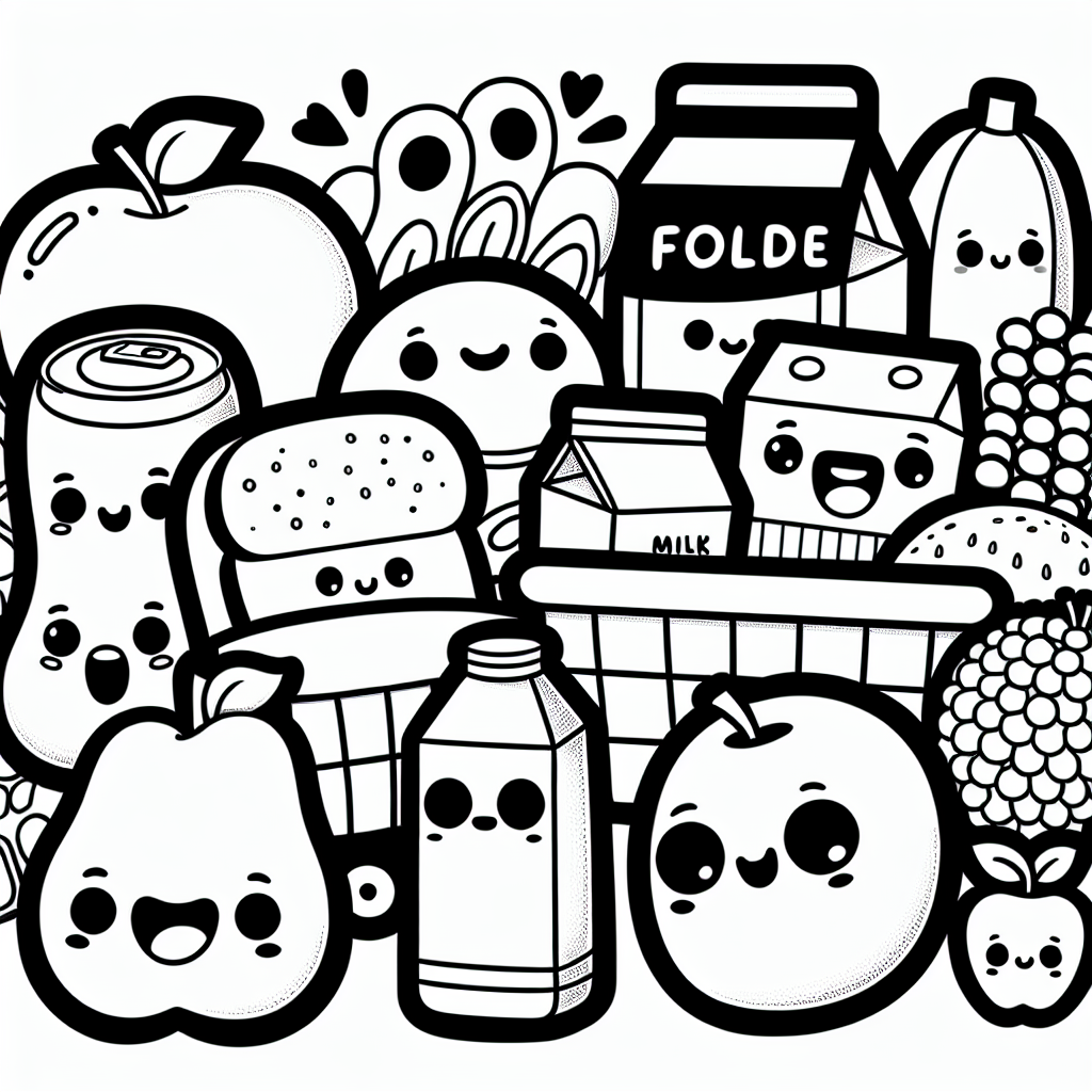 Create a black and white coloring page targeted towards a 7-year old. The page should feature a simplified supermarket scene, with plenty of objects that are similar in style to the playful and anthropomorphic collectible items often found in kids' toys. This includes items like a smiling apple, a happy loaf of bread, a grinning milk carton, and a friendly vegetable. Make sure the image contains bold outlines to facilitate easy coloring.