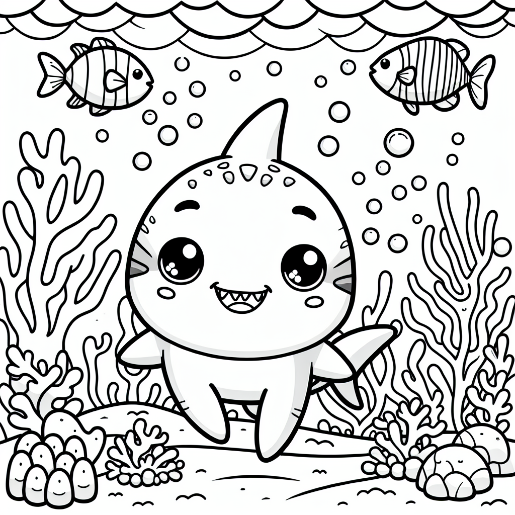 Black and white coloring page featuring a playful baby shark underwater, with cute and friendly features suitable for a 7-year-old. The aquatic background should include elements such as coral, small fishes, bubbles, and seaweed. Ensure the design is simple, with clear and distinct lines to assist young artists in coloring.