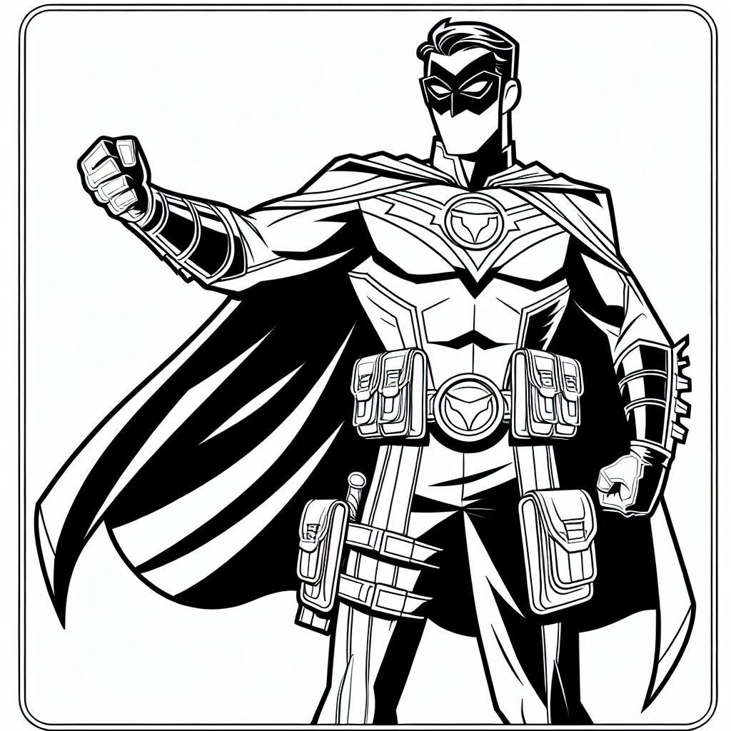 Create a simple black and white coloring page suitable for a 7-year-old. The page should feature a heroic character striking a pose. The character should be donning a distinctive crime-fighting costume including a cape and mask, and signature gloves. They could also have special accessories like a shield or a belt with multiple gadget compartments. Nevertheless, do not include any specific logos or symbols associated with copyrighted characters.