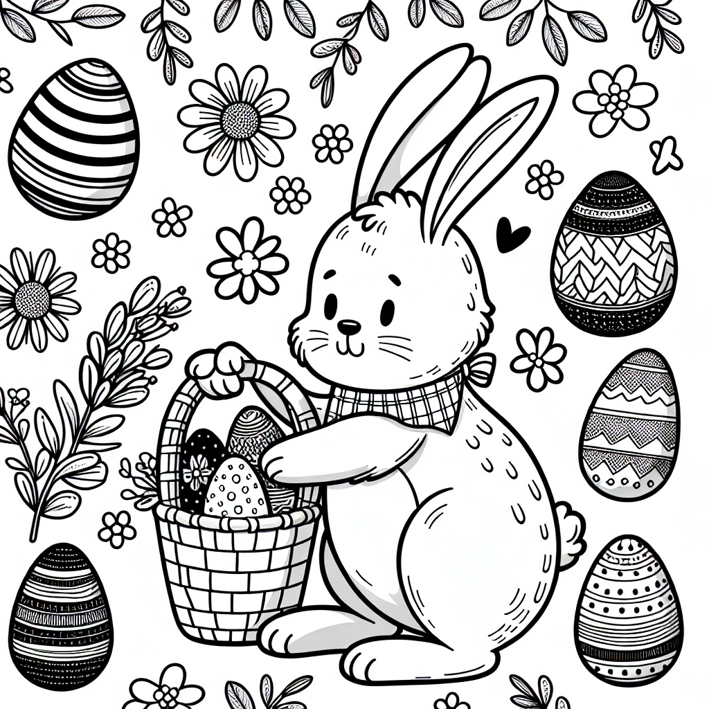 Create a black and white coloring page suitable for a 7-year-old, featuring an Easter bunny. The page should contain plenty of elements associated with Easter, such as decorated eggs, baskets, and flowers. However, the main focus should be on the bunny as it is a key character. The bunny could be engaging in an Easter-related activity such as hiding eggs. Since this is a coloring page for children, designs and shapes should be simple and easily distinguishable.