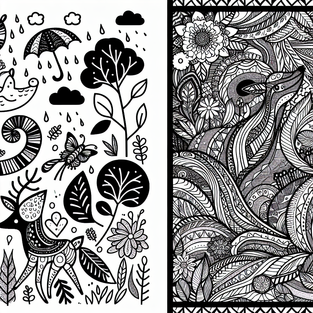 Create a simple black and white coloring book page suitable for a 7-year-old. The design should be engaging and kid-friendly, featuring a lively scene of animals and nature. In a separate section of the image, include an intricate, more complex black and white design for adults, composed of abstract patterns and floral elements. Both these coloring pages should be free and printable.