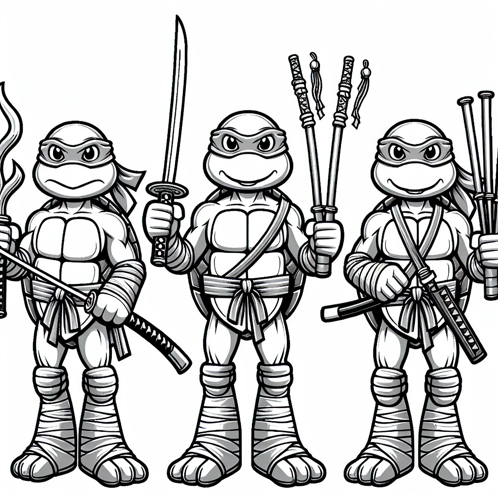Design a black and white coloring book page suitable for a 7 year old, depicting four anthropomorphic turtles trained in martial arts. They are wearing masks covering their eyes. Each one has its own unique weapon: a staff, a pair of sai, a sword, and nunchaku. Create this image in a cartoony fashion to ensure children enjoy coloring it.