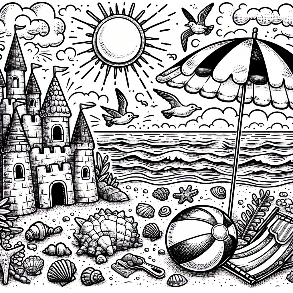 Create a black and white coloring page suitable for a 7-year-old child, featuring a detailed and lively beach scenario. The page should include various elements typically seen at a beach such as the bright sun, playful waves gently touching the shore, an elaborate sandcastle with its varied unique shapes, a beach umbrella providing shade to a beach towel, a playful beach ball bouncing in the warm sand, seashells of different shapes scattered around the beach, and adorable seagulls soaring in the clear sky above.