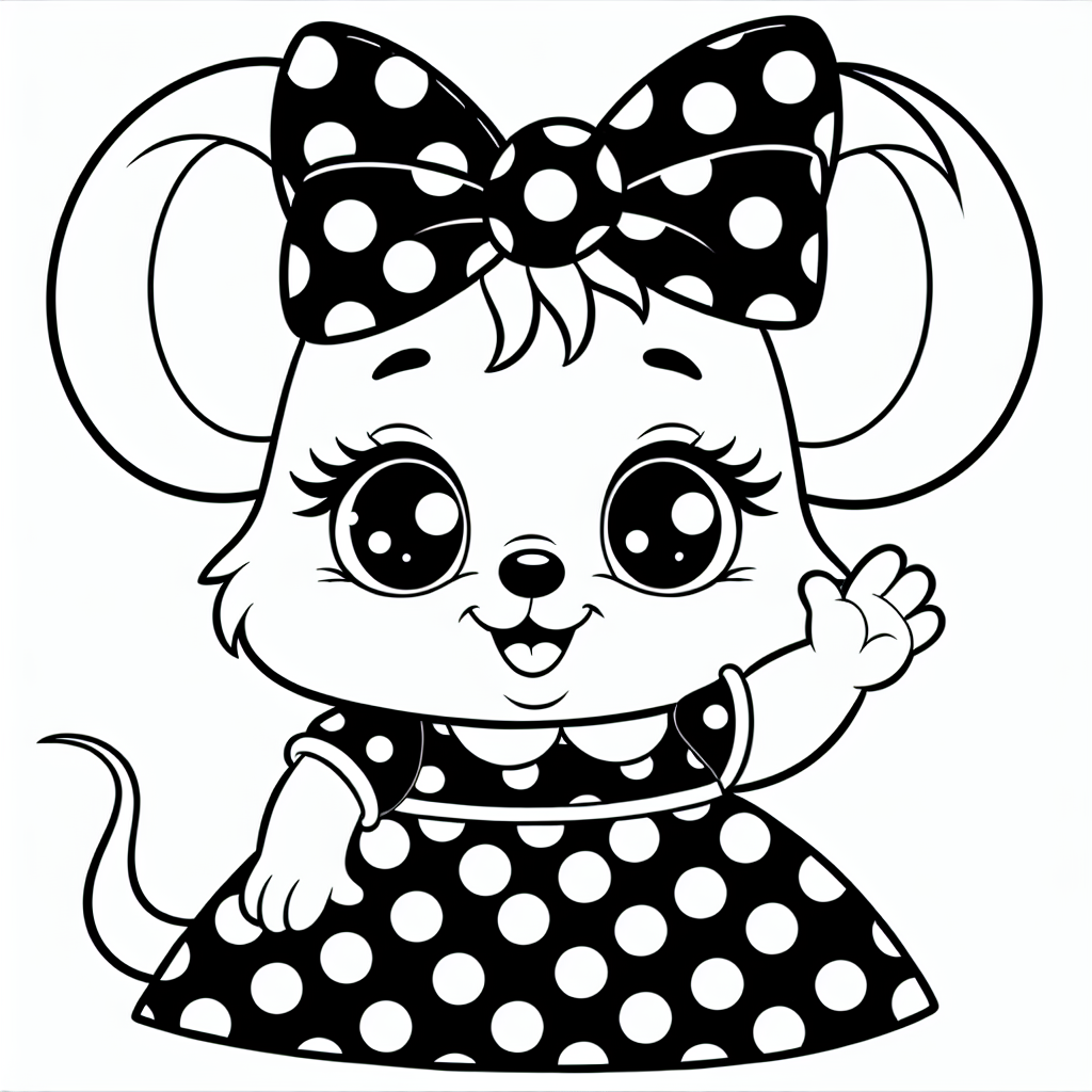 Design a black and white coloring page suitable for a 7-year-old, featuring a cute, anthropomorphic female mouse in a polka dot dress with a bow accent on her head. She should be smiling warmly, exuding friendliness, and waving. Remember to keep her distinct from any trademarked characters for a creative and free-to-color interpretation.