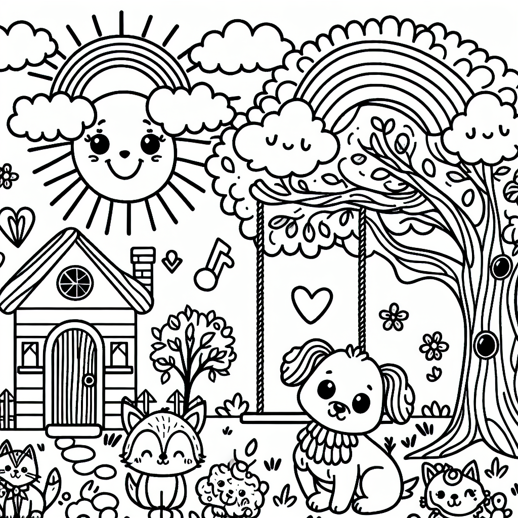Create a black and white coloring book page suitable for a 7-year-old. The scene should include a fun, simple, and child-friendly design with elements like a sun with a big smiling face, a tree with wide branches and a swing, adorable and cuddly animals like puppies and kittens, an enchanting little house, and a beautiful rainbow minus the colors. Remember, this is for a coloring book, hence all the subjects should have outlined structures for easy coloring.