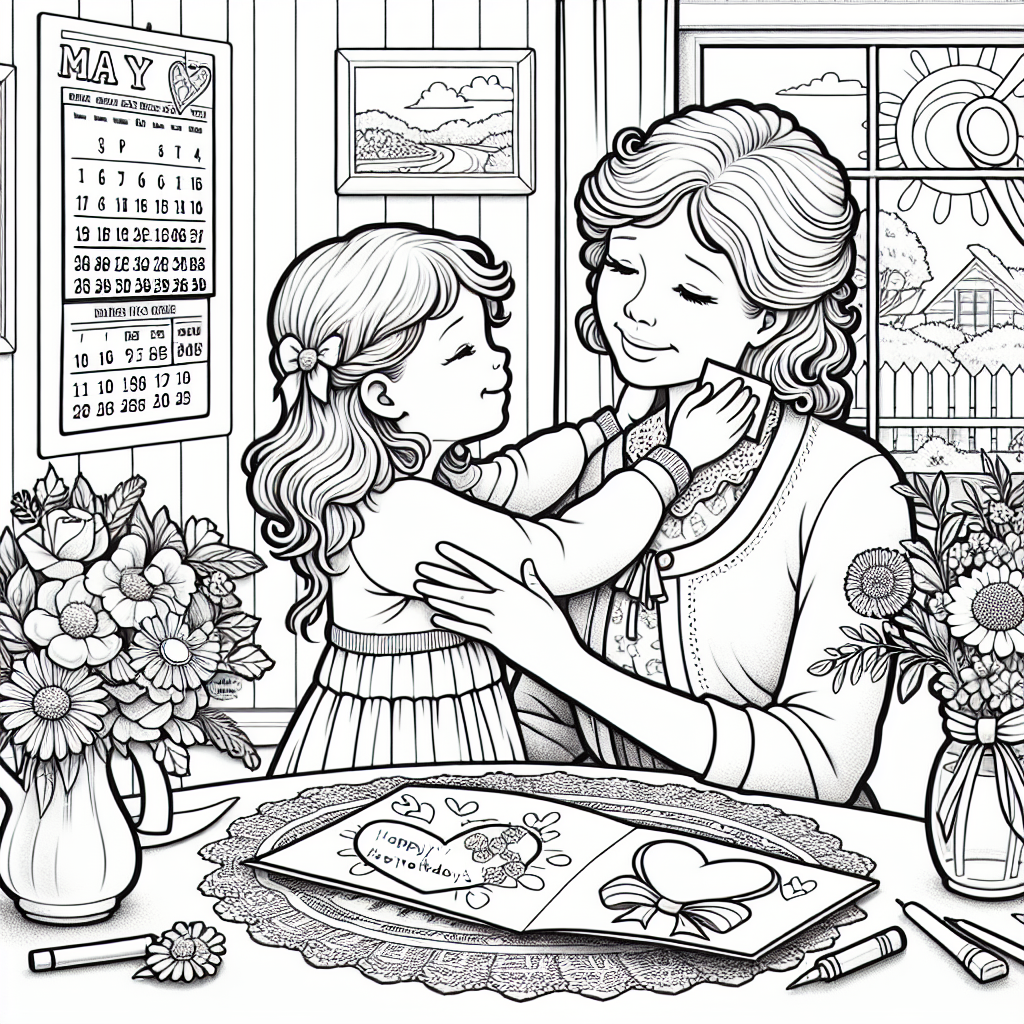 A black and white coloring page designed for a 7-year-old child themed around Mother's Day. The page should feature an affectionate scene between a child and their mother. The child is handing a homemade card to their Caucasian mother. The surroundings should have a domestic setting with typical elements such as a table with a vase and flowers, a prominent calendar showing it's May, and a window with the sun shining. The details must be simple enough to appeal to a young child's artistic abilities. Remember, it should be in a black and white line art style ready to be filled with color.
