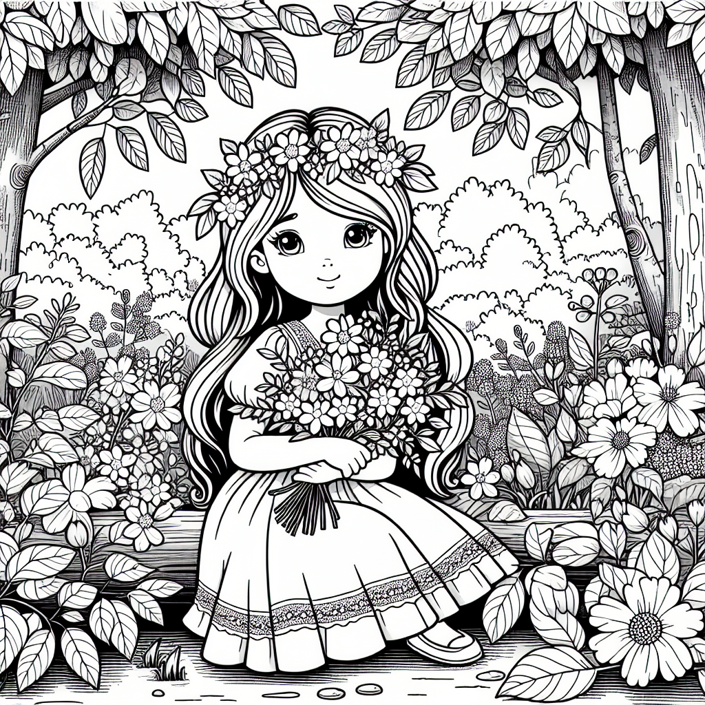 Design a black and white coloring book page suitable for a 7-year-old. The main theme should be a young girl carrying a bouquet of jasmine flowers, sitting in a lush, forest-like garden with a variety of flora around. The girl should portray child-like innocence and love for nature. Please ensure to include intricate details in the scenery for the child to fill in with colors. Remember, the image should be in the style of a traditional coloring book page.