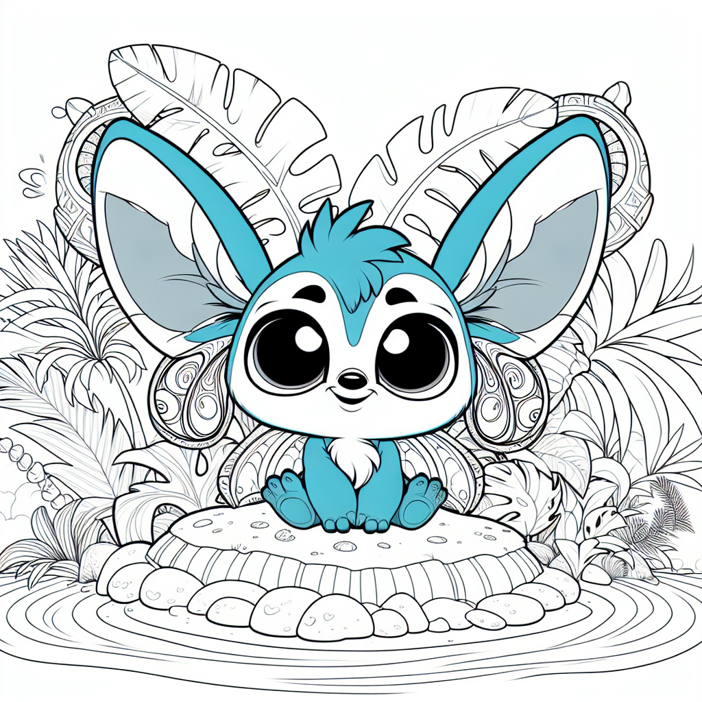 Create a black and white coloring page suitable for a 7-year old child. The theme of the page is a tropical island-inhabiting, mischievous and cute blue creature, with large ears and big, expressive eyes. This creature is frequently seen engaging in playful antics and showcases a love for music. Also, the island is filled with exotic plants and palm trees around the character, creating a Hawaiian vibe.