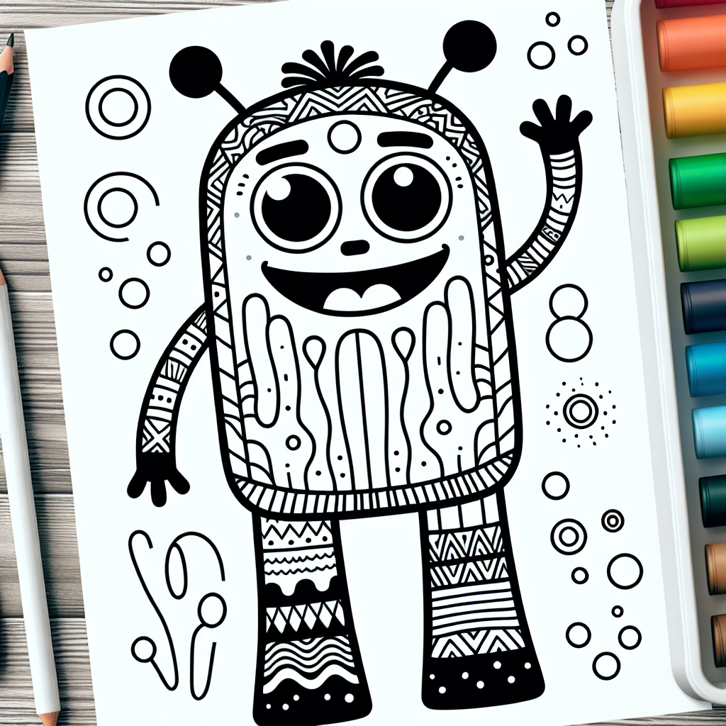 A black and white coloring page designed for a 7-year-old, featuring an imaginative creation with a unique colorable design. This design includes a tall, two-legged cuddly toy creature with a wide, friendly grin and elongated arms perfect for a hug. It should have stimulating patterns on the body to make it more fun for kids to color.