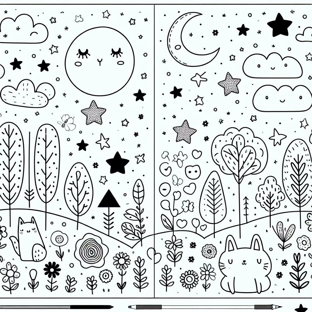 Generate a black and white coloring book page suitable for a 7-year-old. The page should feature simple shapes and figures, such as basic landscapes, cute animals, stars, moons, flowers, or trees, to allow for creative coloring. Remember to balance empty spaces with more detailed areas to provide a fun and engaging coloring experience.