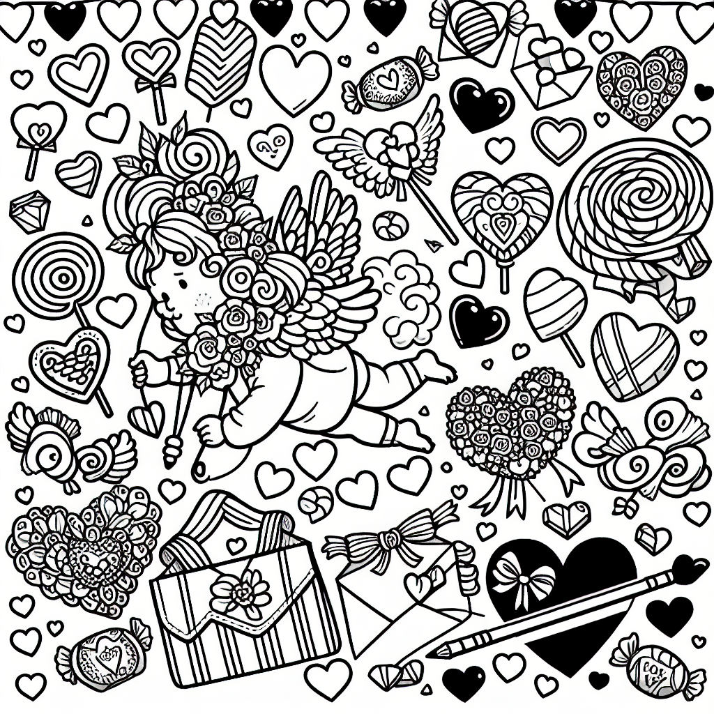 Design a black and white coloring book page suitable for a 7-year-old. The theme should be Valentine's Day, featuring hearts, cupids, love letters, and candies. Remember to design it with bold outlines and plenty of spaces for coloring.