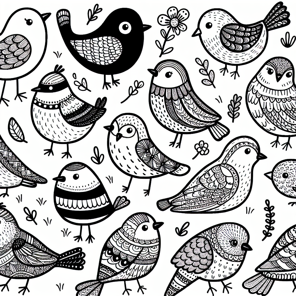 Create a black and white coloring page suitable for a 7-year-old, featuring various birds. The page should allow young artists the chance to display their imaginative skills by coloring in the different species of birds. Each bird should have a unique and distinguishable shape to allow for a variety of creative options.