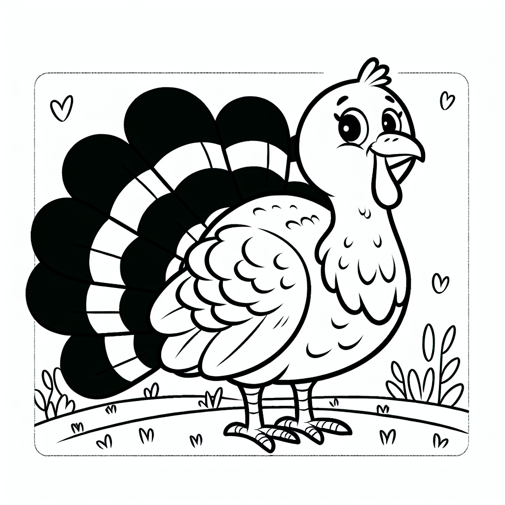 Create a simplistic black and white coloring page for a 7-year-old, featuring a friendly turkey. The scene should showcase the turkey standing proud with its plumage on display, set against a neutral background, perfect for encouraging creativity and imaginative coloring. Keep everything suitable for young children, with clear and bold lines that are easy to follow.