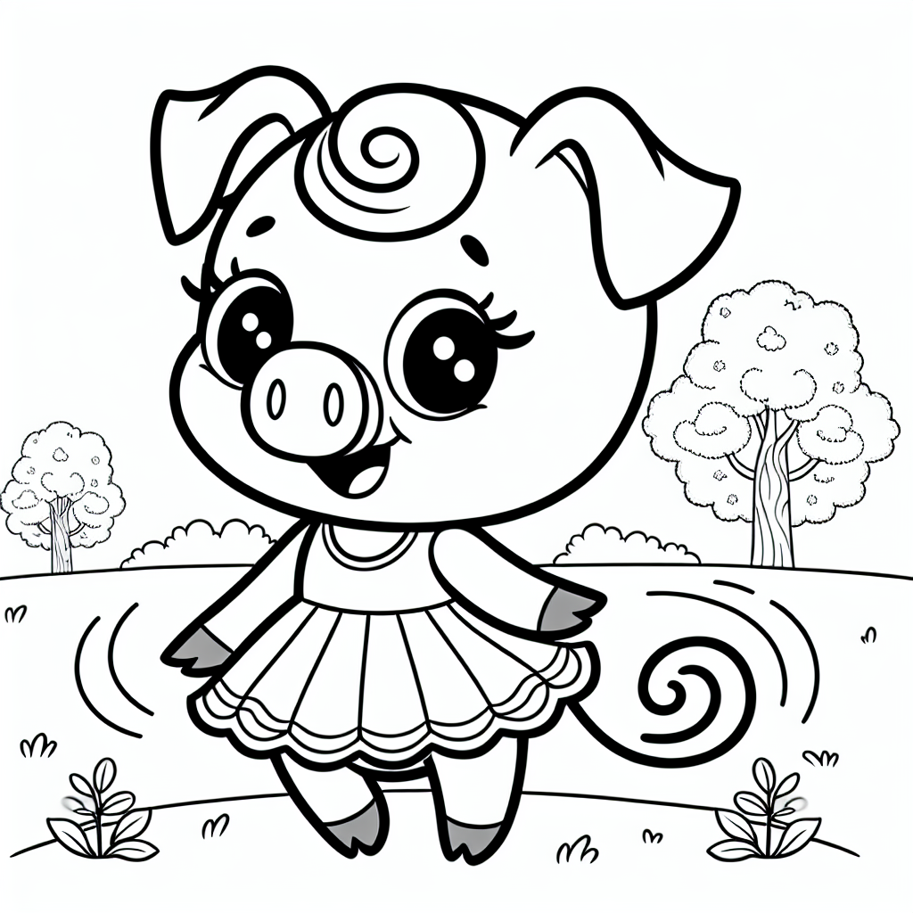 Erstellen Sie eine Schwarz-Weiß-Malseite mit einer Cartoon-Schweinfigur. Das Schwein ist verspielt und freundlich und steht auf zwei Beinen. Sie trägt ein Kleid und hat einen wirbelnden Schwanz. Die Szene spielt sich im Freien mit Bäumen und klarem Himmel ab. Das Design sollte einfach und für ein 7-jähriges Kind angemessen sein.