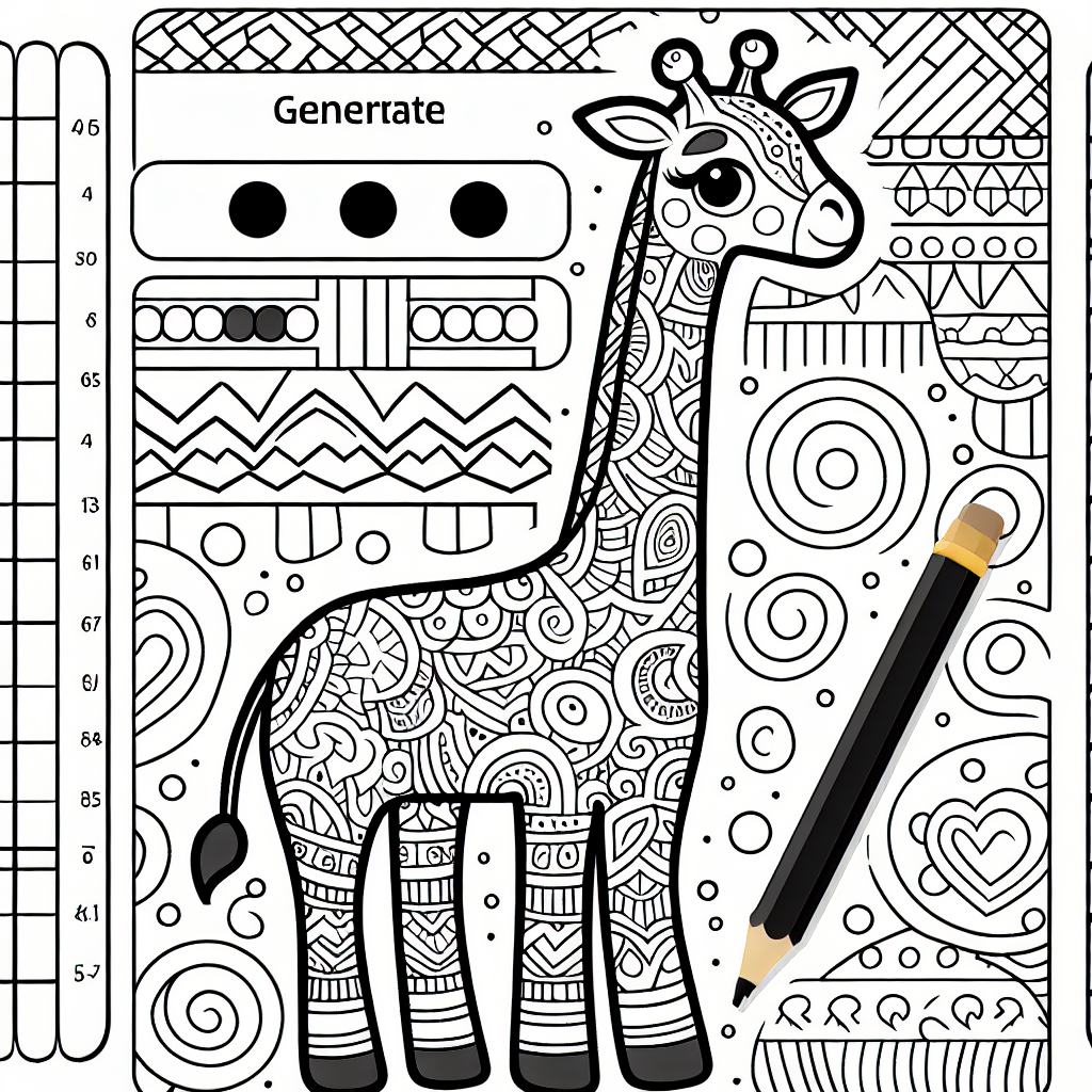 Generate a black and white coloring book page that is appropriate for a seven-year-old. The page should feature a giraffe with simple yet interesting patterns on its skin. The design should allow children to exercise their creativity when filling in the patterns with color.