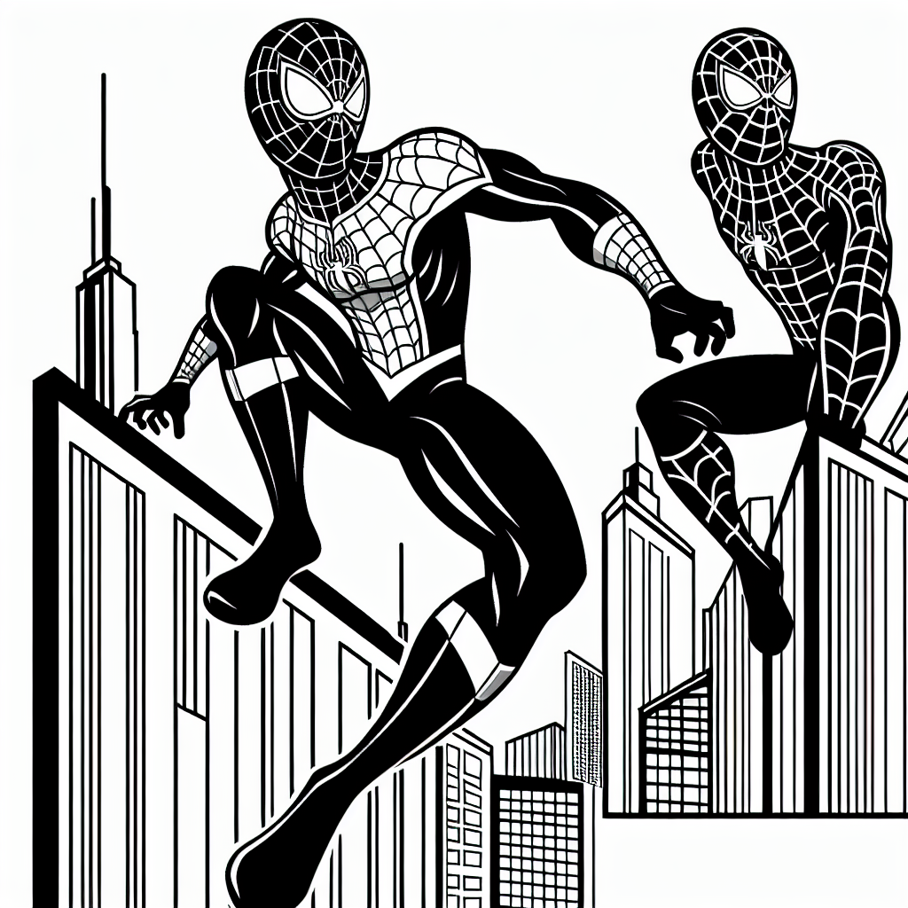Create a black and white coloring page suitable for a seven-year-old child. The image should be of a generic superhero with characteristics similar to that of a certain well-known superhero. The superhero should be depicted as wearing a full-body costume with a mask that completely conceals their identity. The costume should include a web-like pattern and the character should be agile and in a dynamic action pose, suggestive of climbing a skyscraper. Remember, the design should be simple, yet engaging, as it is meant for a child to color.